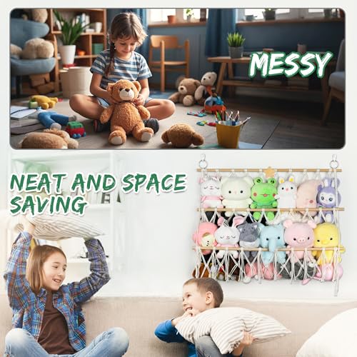 Starry Stuffed Animal Net Hammock Wall Hanging Handmade Boho Macrame Toy Hammock Organizer Holder Display Hanging Plush Toy Net for Corner Wall Stuffed Animal Storage(29.9" H x 31.5" W)