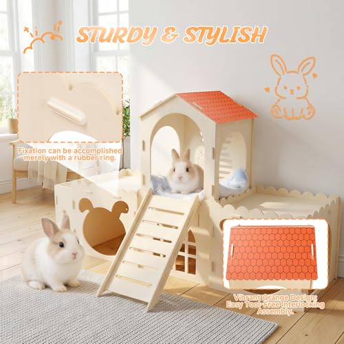 Extra Large Rabbit Castle with 2 Soft Fleece Mats, Upgraded 0.5cm Thicker Wooden Bunny Hideout, Indoor Small Animal House and Habitat for Guinea Pigs, Chinchillas, Vibrant Orange Roof Design