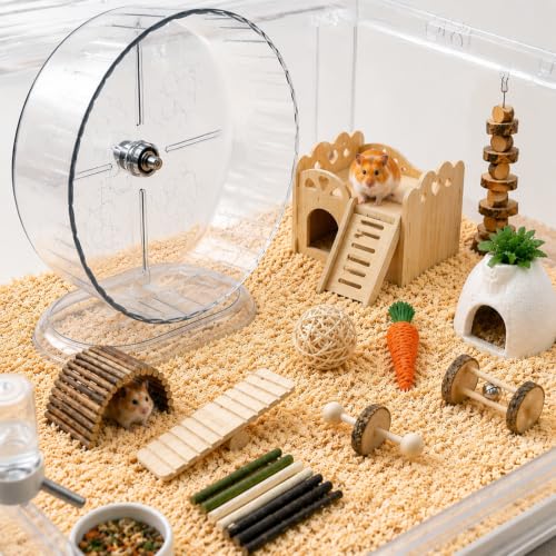 Hamster Cage Accessories Set with Silent Exercise Running Wheels and Natural Chew Toys, Wooden Hamster Toys and Habitat Decor for Syrian Hamsters, Gerbils, and Mice