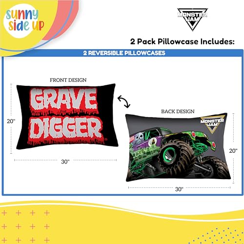 Sunny Side Up Monster Jam Grave Digger 2 Pack Reversible Pillowcases - Double Sided Pillow Covers, Kids Super Soft Trucks Bedding - color: Black - Monster Jam