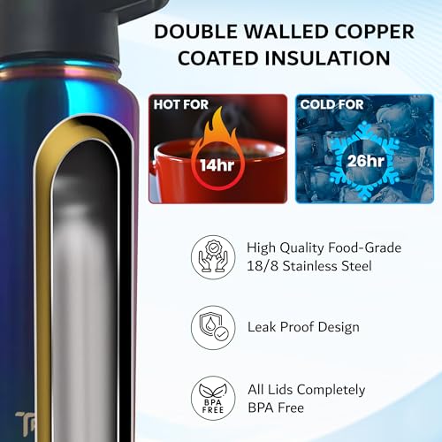 Travel Water Bottle with 3 Lids (Spout, Straw, Flip) Leak Proof, Quality, Vacuum Insulated, Stainless Steel (Twilight, 18 oz) - color: Twilight, size: 18 Ounces
