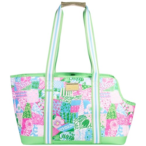Lilly Pulitzer Small Pet Carrier 60lb Capacity, Crazy Quilt Home | Soft Sided with Removable Padded Insert, Shoulder Straps, Open-Top with Gold Buckle Closure & Safety Clip & Exterior Pocket