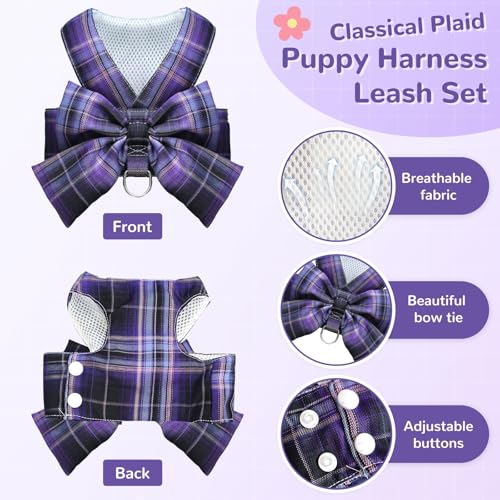 Cute Dog Harness and Leash Set with Bow Tie Soft Mesh Plaid Girl Puppy Harness No Pull Pet Cat Dog Vest Harness for Small Dogs Chihuahua Rabbit Outfit (Purple,M) - color: Purple, size: M(Chest 12"-14")