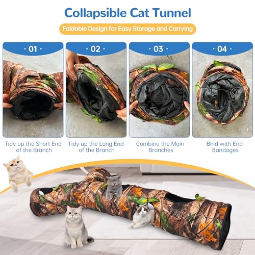 Foldable 3 Way Cat Play Tunnel for Indoor Cats,Cat Tunnel Toy | Camouflage Tree Bark Cat Tube with Peek Hole & Crinkle Paper ,Interactive Play Toy for Cat Kittens, Rabbits & Small Animals - color: 59"-Cat Tunnel Toy Brown