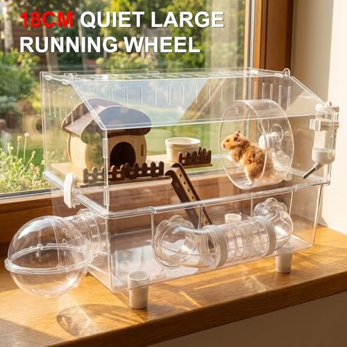 Loungewave Acrylic Hamster Cage, 8 in 1 Gerbil Cage with Accessories | Mushroom House Style Dwarf Hamster Cage with Full Transparent Viewing, Clear View Inside Easy to Clean, Excellent Ventilation - color: Transparent-1