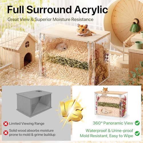 Fully Detachable Hamster Digging Box, Removable Acrylic Panels & Wooden Lid, Extra Deep Clear Panoramic Burrow, Dual-Side DIY Habitat, L Size for Syrian Hamsters, Gerbils, Degus - size: L(11.42''8.07''7.68)
