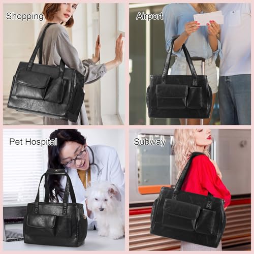 Dog Carrier Purse, Fashion Leather Pet Carrier Bag, Airline Approved Soft Sided Cat Travel Tote Bag with Pockets Black - color: Black