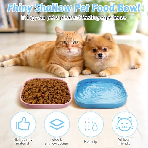 Fhiny 2PCS Silicone Cat Bowls Set 5.9 x 5.9 in Shallow Dog Dish Whisker Friendly Cat Food Plate for Dry & Wet Food Dishwasher Safe Non-Slip Pet Feeding Bowls for Kittens and Puppies (Blue+Pink) - color: Blue+Pink