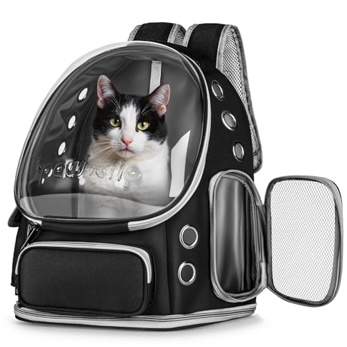 Cat Backpack Carrier Clear Bubble Window for Cats & Small Dogs up to 15 lb | Large Space Breathable Foldable Pet Carrier Airline Approved, Mesh Entry Safety Tether Washable Pad, Travel Hiking Outdoor - color: Black