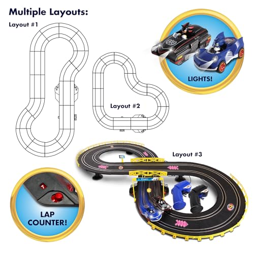 NKOK Sonic & Shadow Figure-8 Slot Car Race Track Set with Lap Counter | Officially licensed – includes 2 Sonic the Hedgehog vehicles, 2 controllers, 16 track pieces, and working lights Ages 5+ - style: Sonic & Shadow