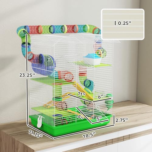 PawHut 18.5" 5 Tier Hamster Cage with Tubes and Tunnels, Green | Small Animal Cage, Rat Gerbil Habitat, Water Bottle, Food Dish, Exercise Wheel - color: Green