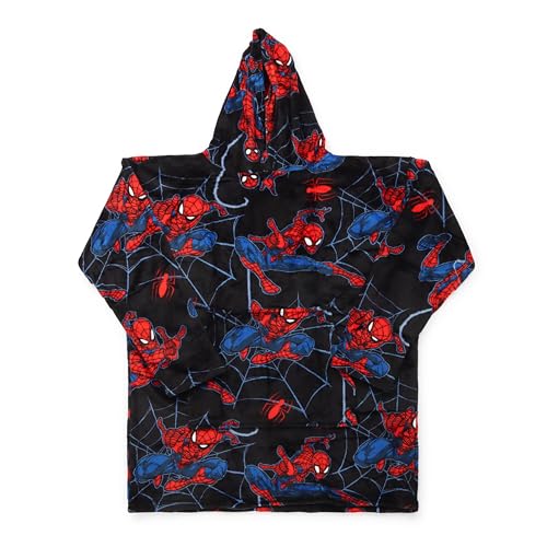 Jay Franco Wearable Throw Blanket – Oversized Plush Hooded Blanket with Pocket, Ultra Soft Cozy Fleece Throw for Lounging, Travel, Black - Spiderman, 34x38 - Adult - color: Black - Spiderman, size: Adult