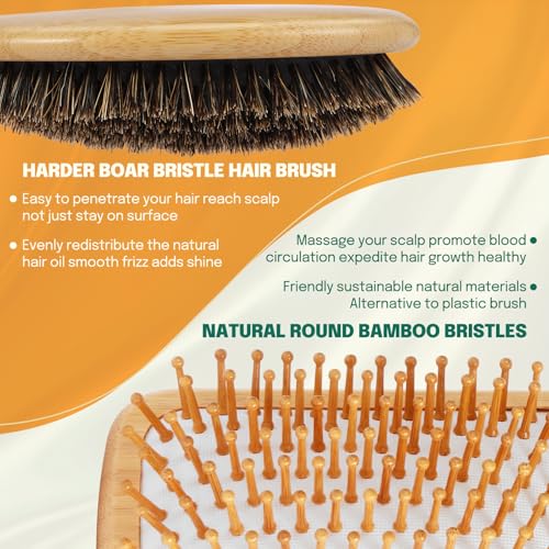 Sofmild Hair Brush Set with Bamboo Detangling Brush and Boar Bristle Brush | 2 Pack HairBrush Set for Women Men Kids, Bamboo Detangler Brush for Thick Hair and Boar Bristle Hair Brush for Fine Thin Hair - color: Black White
