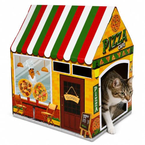 Cinrobiye Cardboard Cat House with Scratcher, Indoor Cat Condo Cat Cave Hideout with Scratch Pad, Cardboard Cat Playhouse Bed for Cats, Kittens, Rabbits & Small Pets (Pizza) - color: Pizza