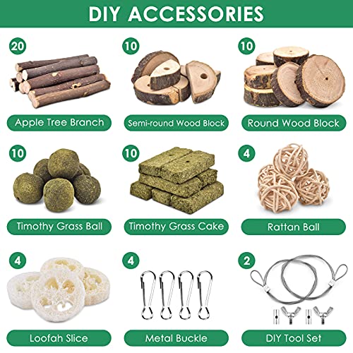 KATUMO Rabbit Chew Toys, Bunny Toys Apple Wood Grass Timothy Treat | DIY Hamster Chew Kit Bunny Teeth Care Molar Toys, Ideal for Rabbit, Guinea Pig, Chinchilla, Hamster, Squirrel, Gerbils - style: 74 PCS