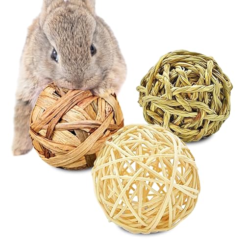 SunGrow 3 Pack Rabbit Chew Ball, Assorted Grass Teething Toy for Small Pocket Pet, Dental Wear Support, Boredom Relief Activity, Safe Woven Treat Enrichment for Bunny Guinea Pig Hamster Rat