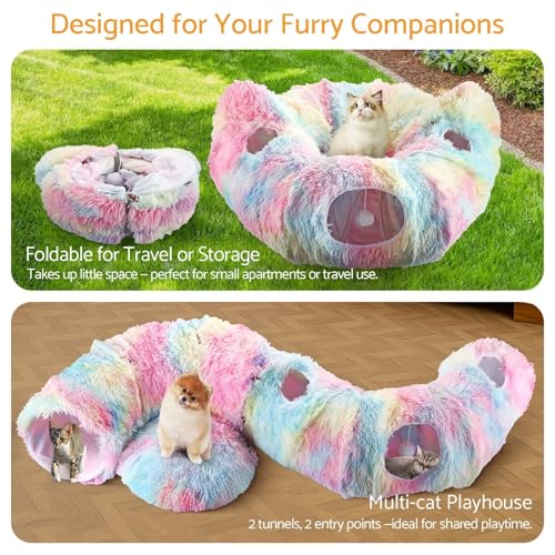 Cat Tunnel Bed, Collapsible Cat Tunnel with Washable Cushion,3-in-1 Multi-Functional Play Tunnel with Peek Holes & Ears, Indoor Playhouse for Cats Kittens Rabbits Small Dogs,Gift for Pet - color: Rainbow