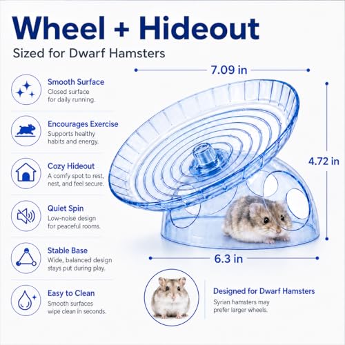 Silent Hamster Wheel with Hideout, 7.09 in Saucer Wheel for Dwarf Hamsters | 2-in-1 flying saucer wheel with hideout, quiet spin, wide track, clear body, stable base, easy-clean surface - color: Blue