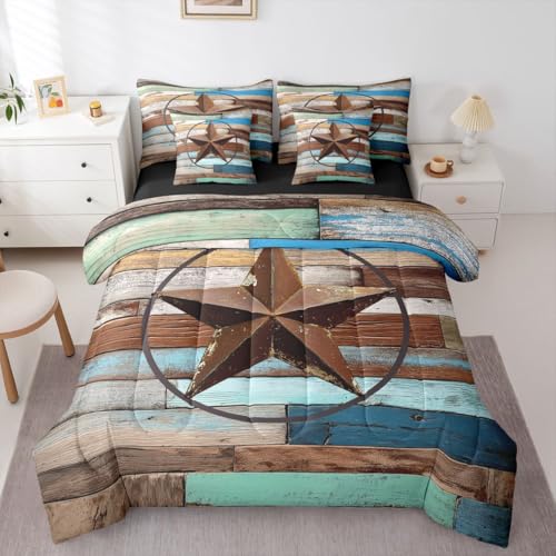 Erosebridal Texas Star 7 Piece Comforter Set Twin Bed in A Bag Retro Western Bedding Set for Kids Boys Girls Southwest Wooden Board Quilt Country Cabin Lodge Decor Sheet Set with Comforter - color: Brown Blue Green, size: Twin