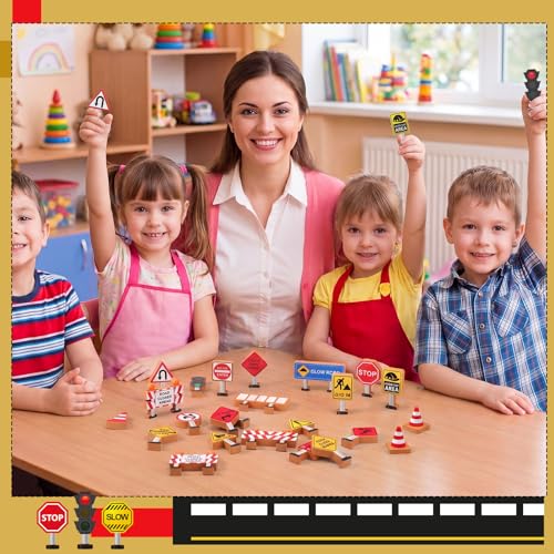 Blosssound Wooden Toys Set for Preschool Classroom - Multicultural Career People Blocks Educational Wooden Play for Kids Learning Toys Play Games Activity Supplies(26 Pcs,Construction Signals) - style: Construction Signals