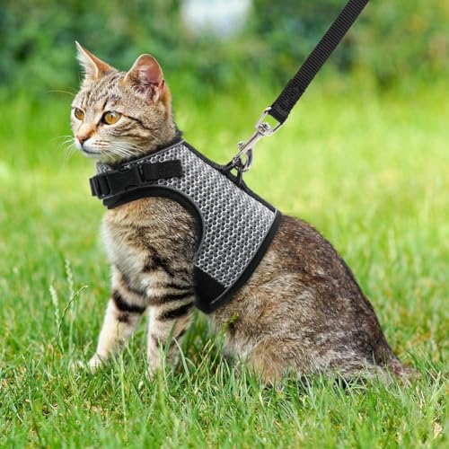 PUPTECK Soft Mesh Cat Vest Harness and Leash Set Puppy Padded Pet Harnesses Escape Proof for Cats Small Dogs Rabbits Bunny - color: Grey(Reflective), size: L(NECK 8.5"-10.5", CHEST 12.5"-15", 6-10 lbs)