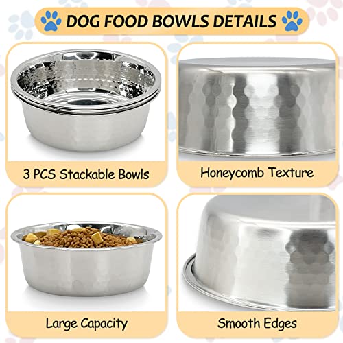 Fhiny 3 Pack Hammered Stainless Steel Cat Bowls, 2 Cups/16 Oz Premium Metal Puppy Feeder Bowl Set for Raised Feeding Station Basic Kitten Food & Water Dishes for Small & Medium Pets Dishwasher Safe - size: 2 Cups/16 Oz