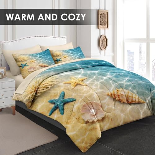 WeCozy Full Comforter Set with Sheets, 7 Pieces Summer Beach Bedding | Bed in A Bag for All Season, Seashell Blue Ocean Sea Shell, 2 Pillowcases & 2 Shams for Kids and Adults - color: Beach Seashell, size: Full