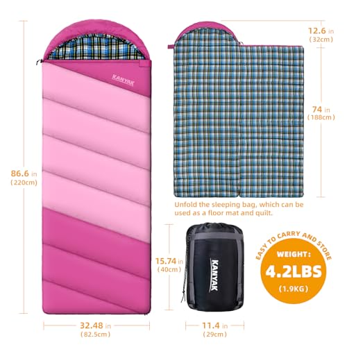 Cotton Flannel Lined Sleeping Bag for Adults Teens Kids, Cold Weather & Warm, 3 Seasons, Lightweight Compact Camping Essentials Equipment, Hiking, Outdoor, Travel - color: Deep Pink & Light Pink
