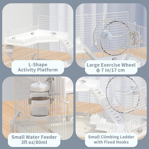 Dwarf Hamster Cage Starter Kit 19x12x12in for Dwarf Hamsters Robo Hamsters | Multilevel Dwarf Hamster Cage with Silent Wheel Ø6", 2 Platforms, 2 Tube Ports, Ladders, Water Bottle, Food Bowl - color: White