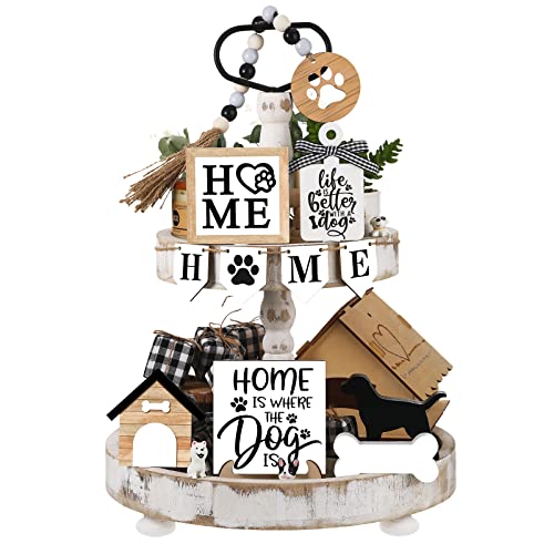 FairySandy 11 Pcs Dog Tiered Tray Decor Dog Home Rustic Farmhouse Tiered Tray Decorations Set Home Wooden Signs Vintage Farm Animal Farmhouse Tabletop Wood Signs for Kitchen Table Shelf Decor - style: Dog