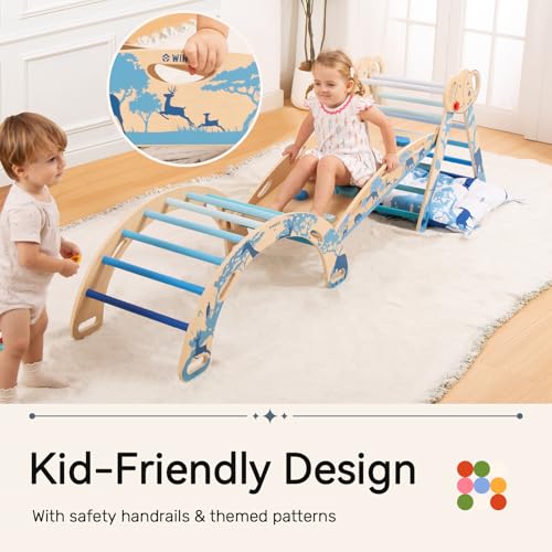 Pikler Triangle Set, Montessori 8-in-1 Climbing Set with Cushion | Wood Jungle Gym for 18M-5Y, Foldable, Reversible Animal Slide, Patent-Protected, 2.35in Gap, ASTM F963, Blue - color: Blue