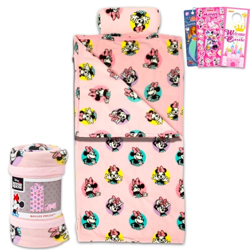 Minnie Mouse Sleeping Bag Set - Bundle with Soft Disney Slumber Bag with Pillow Plus Stickers, More for Kids, Girls | Minnie Sleeping Bag 27" x 55"