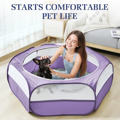 Pawaboo 2-in-1 Small Animals Playpen with Pad, Purple+Gray | Waterproof, Reusable Pad, Portable Outdoor Yard Fence with 3 Metal Rod, For Chick/Kitten/Guinea Pig/Rabbits/Chinchillas - color: U-Purple+Gray
