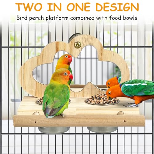 Tfwadmx Bird Parrot Wooden Feeding Cups, Small Bird Feeding Dish Cups Stainless Steel Birds Bowls Food Water Bowls with Food Holder for Cockatiel Parakeet Macaw Finches Lovebirds
