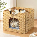 Handwoven Rattan Cat Bed Indoor Kitten, Cat Bed Cave with Cushion, Sisal Ball & S-Shaped Hooks, Foldable Hideaway Cat House for Bedroom Living Room, Natural - color: Natural A