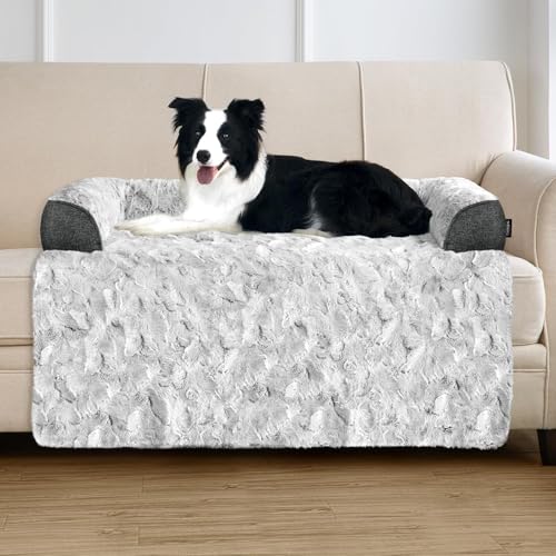 Calming Large Dog Bed for Couch, 41 x 37 inch Removable Couch Cover for Dogs Washable, Non-Slip Fluffy Plush Dog Sofa Mat for Furniture Protector - Grey - color: Grey, size: 41"L x 37"W x 5"Th