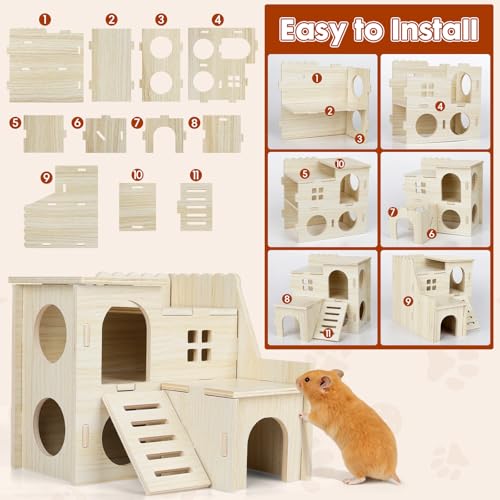 YooxArmor Wooden Hamster Hideout Maze, Natural Wood House with Climbing Ladder, Small Animal Habitat for Dwarf Campbell Robo Hamsters Gerbils