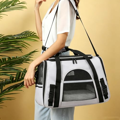 Cat Carrier Bag, Airline Approved Soft Carrier for Cats & Small Dogs | Airline approved pet carrier for pets under 15lb, breathable mesh with privacy cover, lightweight, foldable & washable - color: Black With Gray