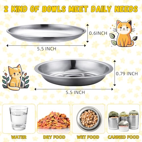 8 Pieces Stainless Steel Cat Bowls 5.5 Inch Wide Flat Cat Dish Small Plate for Kittens Ferrets Wet and Dry Food