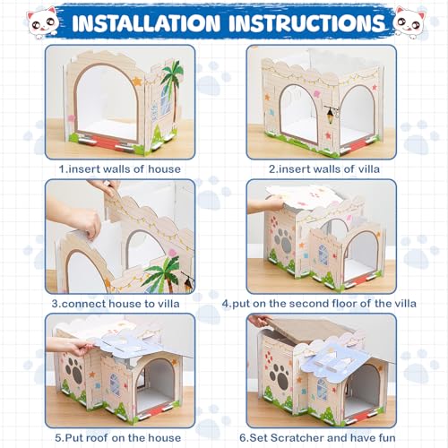Lineshading 2 Story Cardboard Cat House with Scratcher Pad, Multi Level Durable Cat Scratcher House for Small Kitten Bunny Rabbit Animals Christmas Birthday Gift(17x12x10,Beach) - style: Beach