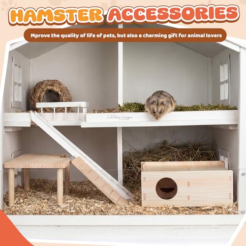 2 Pcs Natural Wooden Hamster Platform & Multi-Chamber Hideout, Flip-top Labyrinth Tunnel Cage Accessories for Syrian Dwarf Hamsters, Gerbils, Mice, Stress Relief Small Animal Habitat Decor