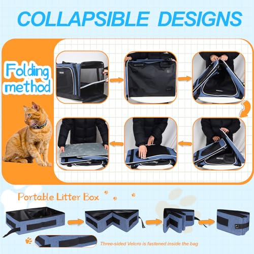 Extra Large Cat Carrier with Litter Box for Car Travel, Blue | 24"L x 17"W x 17"H, Seat Anchors and Lockable Safety Zippers, Collapsible Soft Sided, for 1 Medium-Large Cat or 2 Small Cats