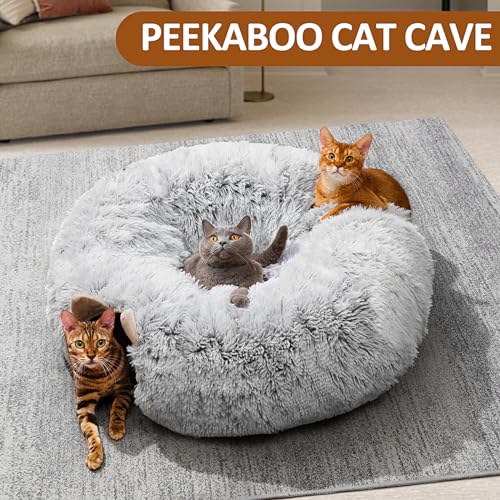 Cat Tunnel with Cat Bed for Indoor Cats, Under Christmas Tree Soft Plush Peekaboo Cat Cave Donut Tunnel, Multifunctional Playground Toys Hideplace for Kittens, Rabbit, Ferret (Grey) - color: GREY