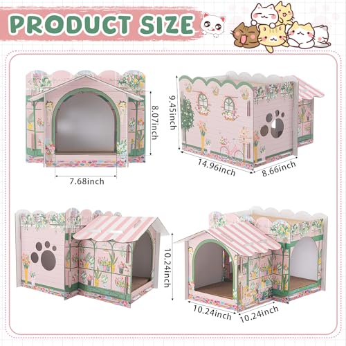 Lineshading 2 Story Cardboard Cat House with Scratcher Pad, Multi Level Durable Cat Scratcher House for Small Kitten Bunny Rabbit Animals Christmas Birthday Gift(17x12x10,Florist) - style: Florist