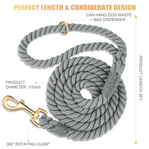 6 FT Handmade Rope Dog Leash for Small Medium and Large Dogs | Soft and Comfortable Grip, New Golden Heavy Duty Metal Clasp, Grey - color: Grey, size: 6FT x 1/2in (Pack of 1)
