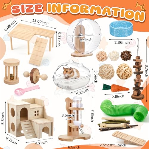 40 Pcs Hamster Cage Accessories, 9.5'' Exercise Wheel, Wood Platform Hideout House, Water Bottle, Sand Bath, Bowl, Chew Toys for Syrian Hamsters Mice Gerbils Habitat Decor(Fun Style) - style: Fun style