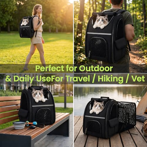 Expandable Cat Backpack Carrier Airline Approved Pet Travel Backpack with Breathable Mesh, Large Space, Safety Leash, Comfortable Padded Straps, Foldable Soft Pet Carrier for Hiking Vet