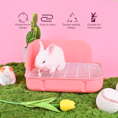 RUBYHOME Rabbit Litter Box Toilet, Plastic Square Cage Box Potty Trainer Corner Litter Bedding Box Pet Pan for Small Animals, Rabbits, Guinea Pigs, Chinchilla, Ferret, Galesaur, 11.4 Inches (Pink) - color: Pink