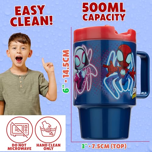 Get Trend Marvel Spiderman Kids Water Bottle with Straw 16.9 oz BPA Free Plastic Cup with Lid Handle Reusable Tumbler for School Gifts for Kids (Blue Spidey) - color: Blue Spidey