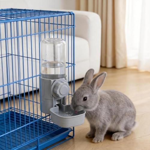 Pet Cage Suspended Water Dispenser, 17oz Hanging Automatic Water Bowl for Rabbit, Bunny, Cat, Ferret, Clear, Plastic (Grey)